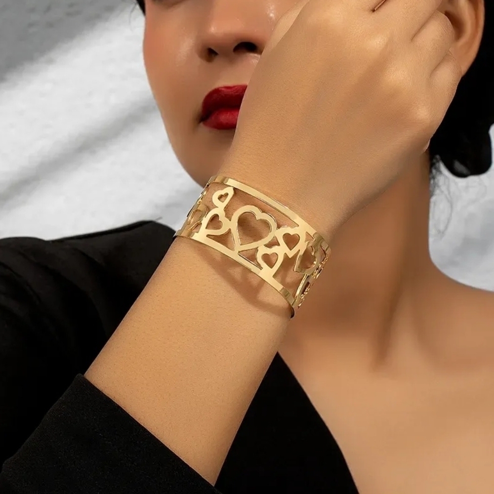 Gold Heart Cuff Bracelet with Intricate Cut-Outs